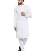 White embroidered cotton kurta-pajama