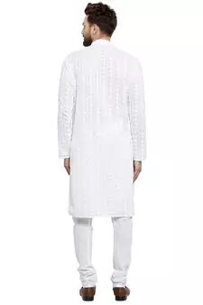White embroidered cotton kurta-pajama