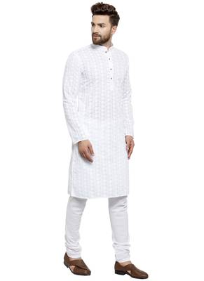 White embroidered cotton kurta-pajama 3