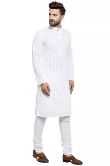 White embroidered cotton kurta-pajama