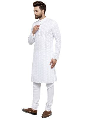 White embroidered cotton kurta-pajama 4