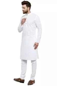 White embroidered cotton kurta-pajama
