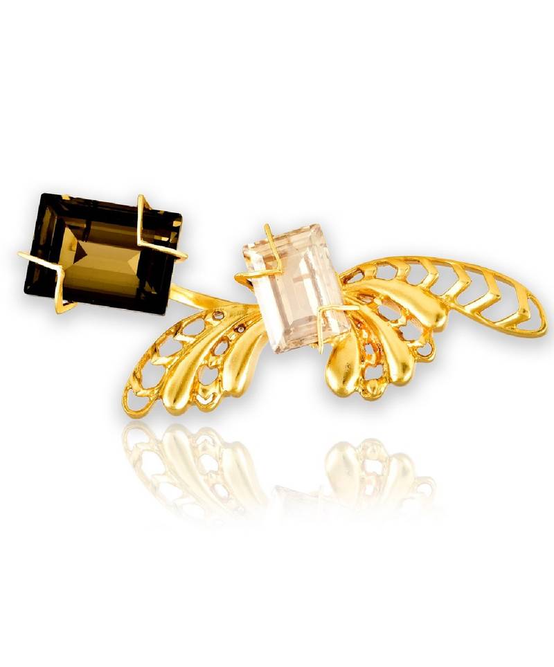 Ring In Smoky Quartz And Golden Shadow Swarovski Crystals And Brass In Yellow Gold Metal Finish