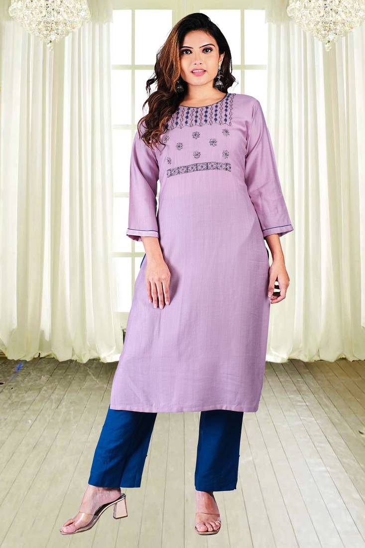 Purple colour Heavy Rayon Embroidered Designer Hand work Kurti with Pant Set