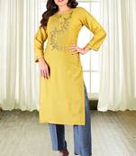 Yellow colour Heavy Rayon Embroidered Designer Hand work Kurti with Pant Set