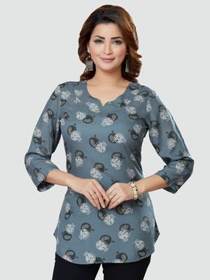 Grey printed rayon short-kurtis 1