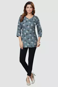 Grey printed rayon short-kurtis