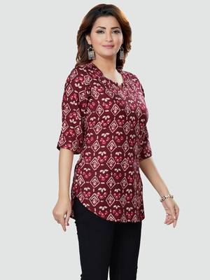 Wine printed rayon short-kurtis 3