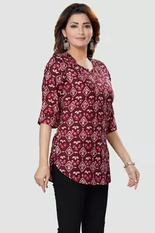 Wine printed rayon short-kurtis