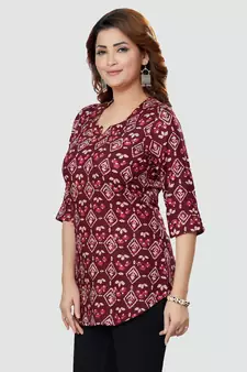 Wine printed rayon short-kurtis