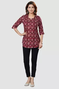 Wine printed rayon short-kurtis