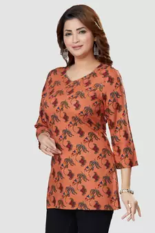Coral printed rayon short-kurtis