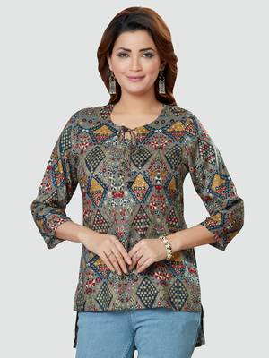 Grey printed rayon short-kurtis 1