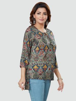 Grey printed rayon short-kurtis 3