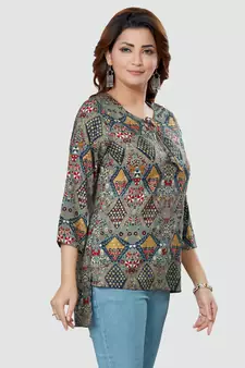 Grey printed rayon short-kurtis