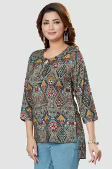 Grey printed rayon short-kurtis