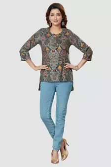 Grey printed rayon short-kurtis