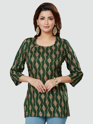Green printed rayon short-kurtis 1