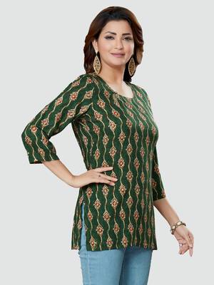 Green printed rayon short-kurtis 3