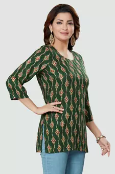 Green printed rayon short-kurtis