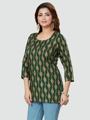 Green printed rayon short-kurtis 4