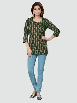Green printed rayon short-kurtis 5