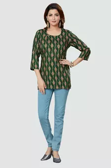 Green printed rayon short-kurtis