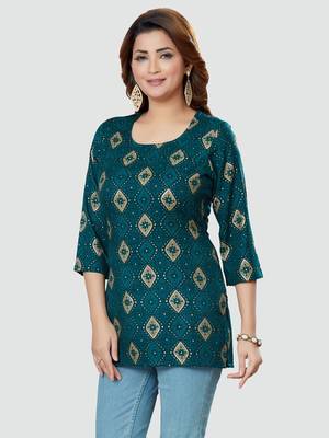 Blue printed rayon short-kurtis 4