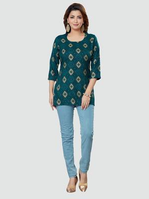 Blue printed rayon short-kurtis 5