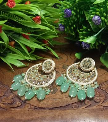 Beige Brass Gold Plated Pearl Stone Studded Handmade Earrings Jewellery 3