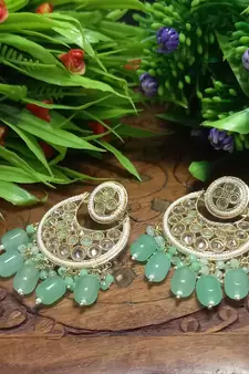 Beige Brass Gold Plated Pearl Stone Studded Handmade Earrings Jewellery