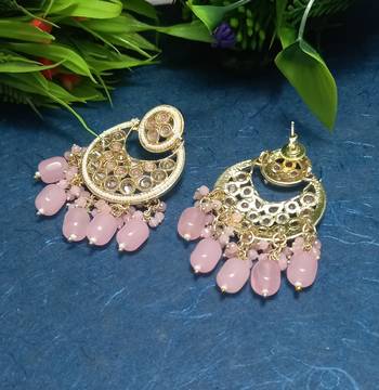 Pink Brass Gold Plated Pearl Stone Studded Handmade Earrings Jewellery 3