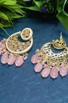Pink Brass Gold Plated Pearl Stone Studded Handmade Earrings Jewellery