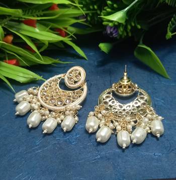 White Brass Gold Plated Pearl Stone Studded Handmade Earrings Jewellery 3