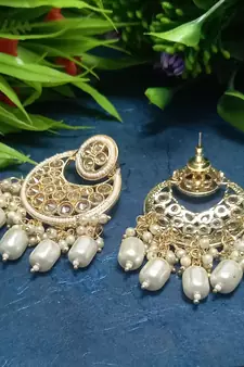 White Brass Gold Plated Pearl Stone Studded Handmade Earrings Jewellery