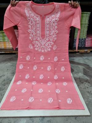 Peach embroidered cotton chikankari-kurtis 2