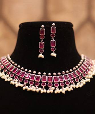 Silver Pink Shray Necklace Set 1