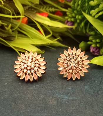 Multicolor American Diamond Mint Pink Earring Tops Rose Gold Polish 2