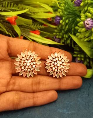 Multicolor American Diamond Mint Pink Earring Tops Rose Gold Polish 3