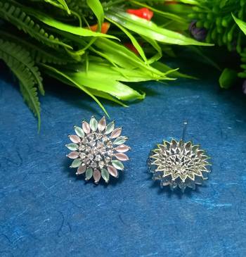 Multicolor American Diamond Mint Pink Earring Tops White Polish 2