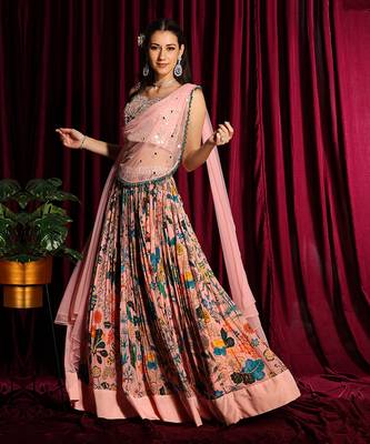 Blush Printed Gathered Lehenga With Mirror Blouse And Pre Draped Dupatta 1