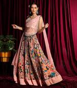 Blush Printed Gathered Lehenga With Mirror Blouse And Pre Draped Dupatta