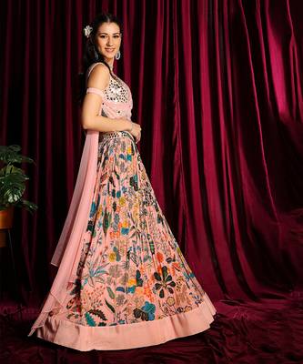 Blush Printed Gathered Lehenga With Mirror Blouse And Pre Draped Dupatta 2
