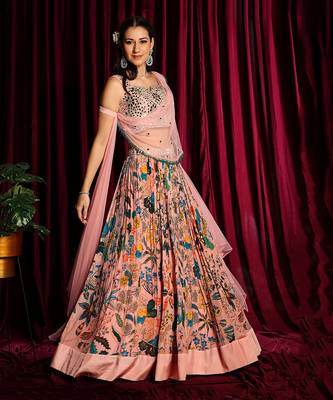 Blush Printed Gathered Lehenga With Mirror Blouse And Pre Draped Dupatta 3