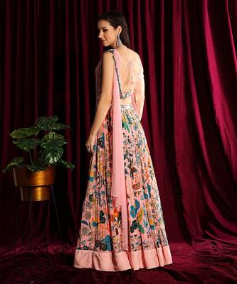 Blush Printed Gathered Lehenga With Mirror Blouse And Pre Draped Dupatta 4