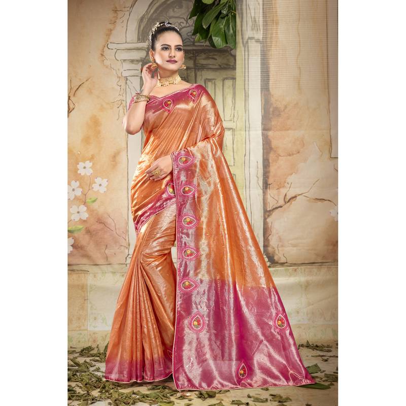 Orange embroidered organza saree with blouse