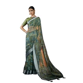 Green embroidered organza saree with blouse 1