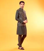 Olive Green Embroidered Kurta & Bandi