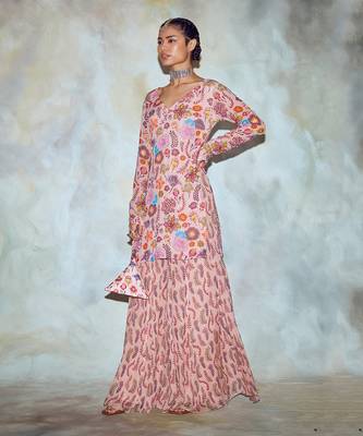 Blush Pink Jaal Print Kurti Sharara Set 1