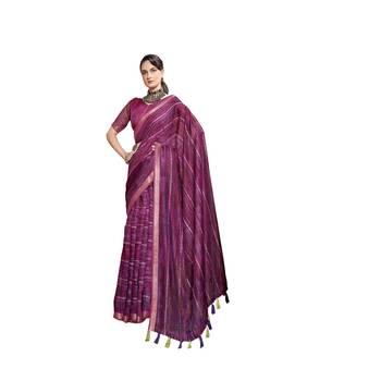 Purple printed cotton saree with blouse 1